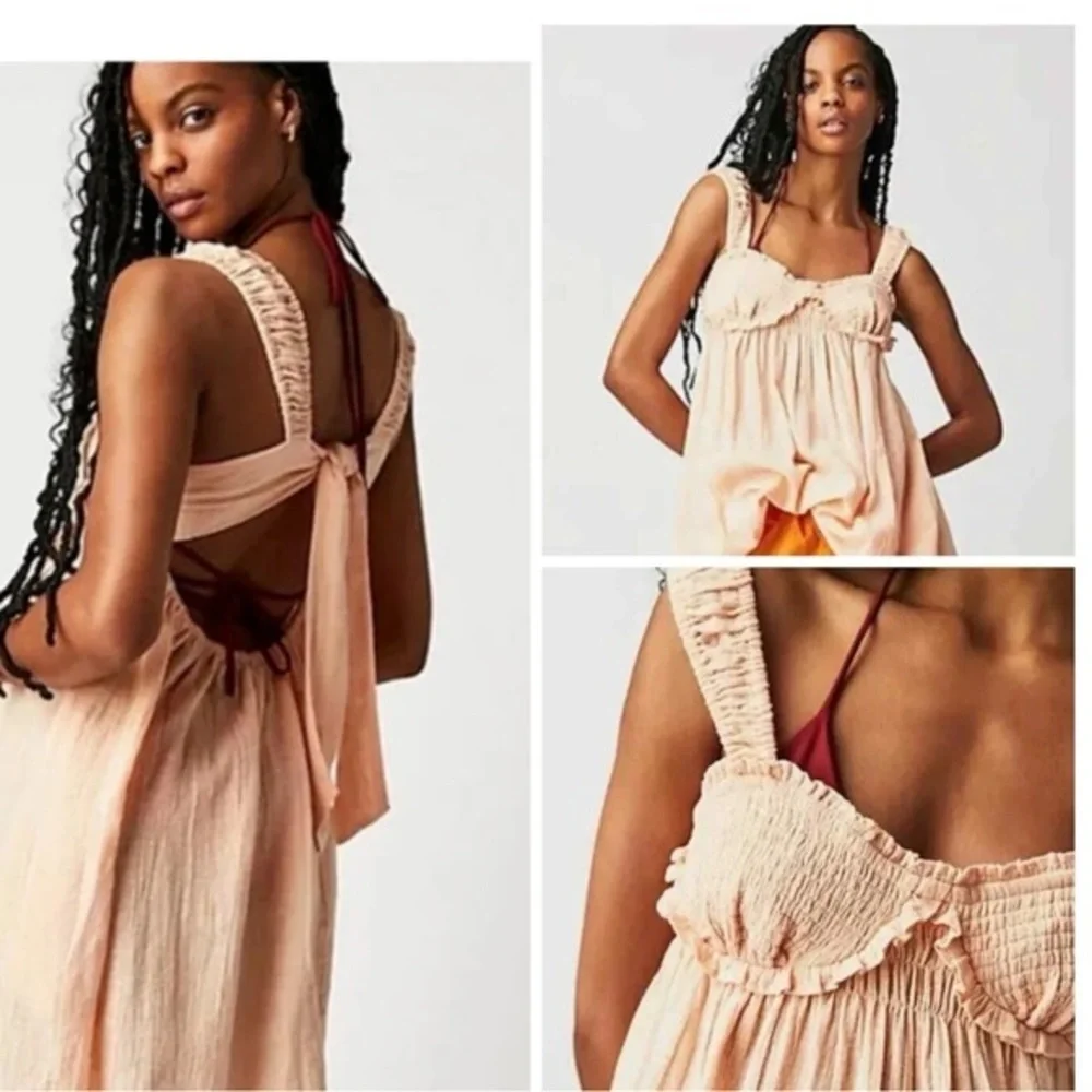 Free People Babydoll Linen Blend Mini Dress Size L Summer Beach